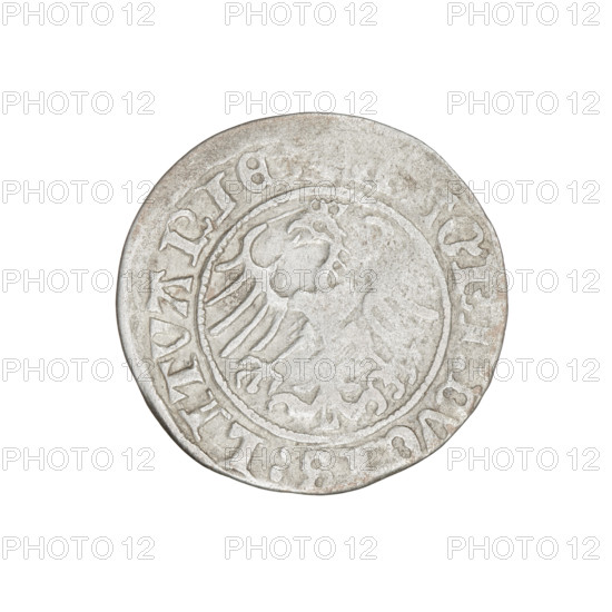 Lithuanian half-grosz, Sigismund I the Old (King of Poland; 1506–1548). Obverse: Pogon turned left; in the rim between pearl borders an inscription '+ ETA:SIGISMV, DI:1511:'. Reverse: Polish eagle with a crown; in the rim between pearl borders an inscription 'AGNI:DVCIS:LITVANIE:'. Dated 1511. Materials: coin. Function: currency. Place: Grand Duchy of Lithuania, Vilnius. Dimensions: diameter ca. 19.3–19.7 mm; weight 1.20 g. Subjects/ motifs: eagles, Jagiellons (dynasty), Eagle (coat of arms), Pogon (coat of arms), coats of arms.