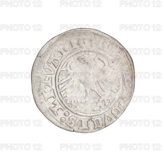 Lithuanian half-grosz, Sigismund I the Old (King of Poland; 1506–1548). Obverse: Pogon turned left; in the rim between pearl borders an inscription: + MO, ISMVNDI:1511. Reverse: Polish Eagle with a crown; in the rim between pearl borders an inscription: DVCIS:LITVANIE, 1511. Coats of arms (Pogon, Eagle). Coin of the Grand Duchy of Lithuania (Vilnius, Poland). Dimensions: diameter 19.6–19.8 mm; weight 1.08 g.