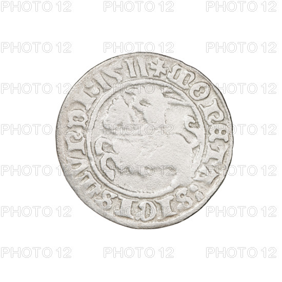 Lithuanian half-grosz, Sigismund I the Old (King of Poland; 1506–1548). Obverse: Pogon (Lithuanian coat of arms) turned left; in the rim between pearl borders an inscription: + COIN:SIGISMVNDI:1511. Reverse: Polish crowned eagle; in the rim between pearl borders an inscription: + MAGNI:DVCIS:LITVANIE, 1511. Grand Duchy of Lithuania, Vilnius. Coin, diameter 19.2–19.8 mm, weight 1.01 g.