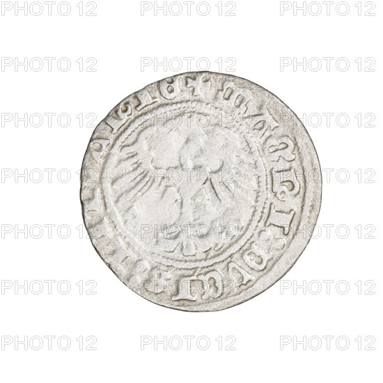 Lithuanian half-grosz, Sigismund I the Old (King of Poland; 1506–1548). Obverse: Pogon (Lithuanian mounted knight) turned left; in the rim between pearl borders an inscription: + COIN:SIGISMVNDI:1511. Reverse: Polish crowned eagle; in the rim between pearl borders an inscription: + MAGNI:DVCIS:LITVANIE, 1511. Grand Duchy of Lithuania, Vilnius. Coin; diameter 19.2–19.8 mm; weight 1.01 g.