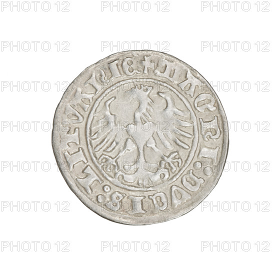 Lithuanian half-grosz, Sigismund I the Old (King of Poland; 1506–1548). Obverse: Pogon (Lithuanian coat of arms) turned left; in the rim between pearl borders an inscription: + COIN:SIGISMVNDI:1511. Reverse: Polish crowned eagle; in the rim between the pearl borders an inscription: + MAGNI:DVCIS:LITVANIE, 1511. Grand Duchy of Lithuania, Vilnius. Coin; diameter 19.5–20.0 mm; weight 1.24 g.