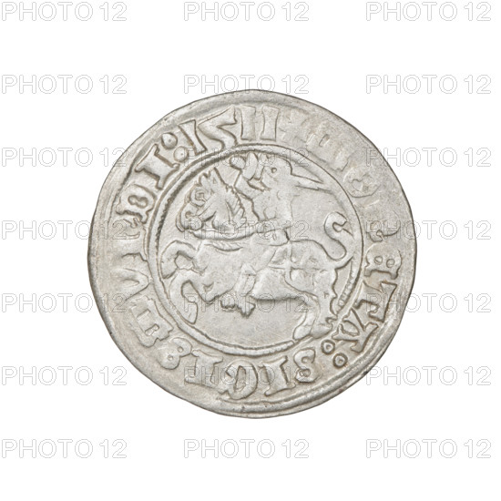Lithuanian half-grosz, Sigismund I the Old (King of Poland; 1506–1548). Obverse: Pogon (Lithuanian charging knight) turned left; in the rim between pearl borders an inscription: + COIN:SIGISMVNDI:1511. Reverse: Polish crowned Eagle; in the rim between pearl borders an inscription: + MAGNI:DVCIS:LITVANIE, 1511. Coats of arms: Eagle and Pogon. Grand Duchy of Lithuania; Vilnius. Coin. Diameter 20.0–20.4 mm, weight 1.38 g.