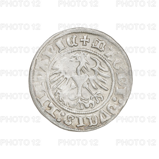 Lithuanian half-grosz, Sigismund I the Old (King of Poland; 1506–1548). Obverse: Pogon (Lithuanian coat of arms) turned left; in the rim between pearl borders an inscription: + COIN:SIGISMVNDI:1511. Reverse: Polish crowned eagle; in the rim between pearl borders an inscription: + MAGNI:DVCIS:LITVANIE, 1511. Grand Duchy of Lithuania, Vilnius. Coin. Diameter 20.0–20.4 mm; weight 1.38 g.