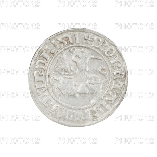 Lithuanian half-grosz, Sigismund I the Old (King of Poland; 1506–1548). Obverse: Pogon (mounted knight) turned left; in the rim between pearl borders an inscription: + COIN:SIGISMVNDI:1511. Reverse: Polish crowned eagle; in the rim between pearl borders an inscription: + MAGNI:DVCIS:LITVANIE, 1511. Coats of arms: Eagle (Poland) and Pogon (Lithuania). Grand Duchy of Lithuania. Coin. Diameter ca. 19.8–20.0 mm; weight 1.26 g.
