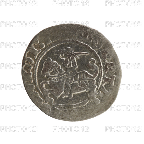 Lithuanian half-grosz, Sigismund I the Old (King of Poland; 1506–1548), Jagiellons (dynasty). Obverse: Pogon (Lithuanian coat of arms) turned to the left; in the rim between pearl-shaped borders an inscription: ONETA, ISMVNDI:. Reverse: Polish crowned eagle; in the rim between pearl-shaped borders an inscription: MA, IS:LITVAN,: 1512. Grand Duchy of Lithuania, Vilnius. Coin. Diameter 19.0–20.0 mm; weight 1.17 g.