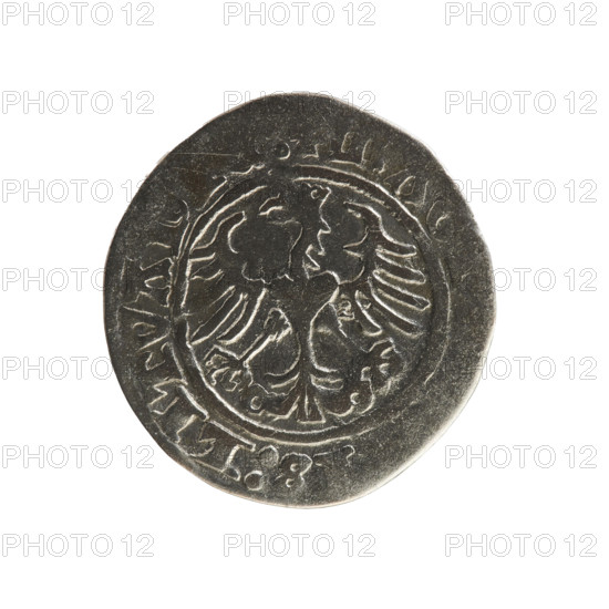 Lithuanian half-grosz, Sigismund I the Old (King of Poland; 1506–1548), Jagiellon dynasty. Obverse: Pogon (Lithuanian charging knight) turned to the left; in the rim between pearl-shaped borders an inscription: ONETA, ISMVNDI:. Reverse: Polish crowned eagle; in the rim between pearl-shaped borders an inscription: MA, IS:LITVAN:, 1512. Grand Duchy of Lithuania, Vilnius. Coin (Poland/Lithuania); diameter ca. 19.0–20.0 mm, weight 1.17 g.