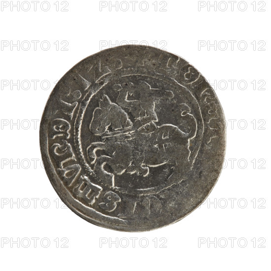 Lithuanian half-grosz, Sigismund I the Old (King of Poland; 1506–1548), Jagiellon dynasty; obverse: Pursuer (coat of arms of Lithuania) turned left, in the rim between pearl borders an inscription 'ONET ISMVNDI' (read as ONET, ISMVNDI:12); reverse: Polish eagle with crown, in the rim between pearl borders an inscription '+ :DVCIS:LITVANIE:' and date 1512. Grand Duchy of Lithuania, Vilnius. Coin; diameter ~19.5–19.7 mm; weight 1.23 g.