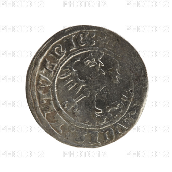 Lithuanian half-grosz, Sigismund I the Old (King of Poland; 1506–1548), Jagiellon dynasty; silver coin (Grand Duchy of Lithuania, Vilnius), dated 1512. Obverse: Pursuer (Pogon) turned left; in the rim between beaded borders an inscription: ONETISMVNDI:12. Reverse: Polish crowned eagle; in the rim between beaded borders an inscription: +:DVCIS:LITVANIE:. Diameter approx. 19.5–19.7 mm; weight 1.23 g.