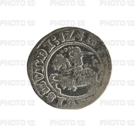 Lithuanian half-grosz, Sigismund I the Old (King of Poland; 1506–1548), Jagiellon dynasty. Obverse: Pogon (Lithuanian coat of arms) turned left; in the rim between pearly borders an inscription: + MO, GISMVNDI:1Z. Reverse: Polish crowned eagle; in the rim between pearly borders an inscription: + MAGNI:DVCI, 1512. Grand Duchy of Lithuania, Vilnius. Coin; diameter ~19.0–19.6 mm; weight 1.12 g.