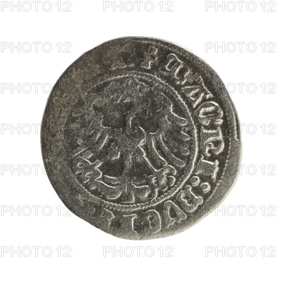 Lithuanian half-grosz, Sigismund I the Old (King of Poland; 1506–1548), Jagiellon dynasty. Obverse: Pogon turned left; in the rim between pearly borders an inscription: + MO, GISMVNDI:1Z. Reverse: Polish eagle with a crown; in the rim between pearly borders an inscription: + MAGNI:DVCI, 1512. Grand Duchy of Lithuania, Vilnius. Coin; diameter 19.0–19.6 mm; weight 1.12 g.