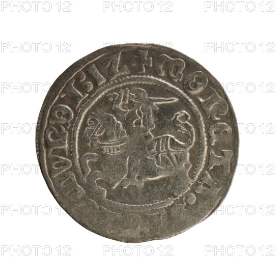 Lithuanian half-grosz, Sigismund I the Old (King of Poland; 1506–1548), Jagiellon dynasty. Obverse: Pursuer turned left; in the rim between pearl borders an inscription: + MONETA, MVNDI:1Z. Reverse: Polish eagle with a crown; in the rim between pearly borders an inscription: + MAG, IS:LITVANIE, 1512. Grand Duchy of Lithuania, Vilnius. Coin; diameter 19.4–19.6 mm, weight 1.24 g.