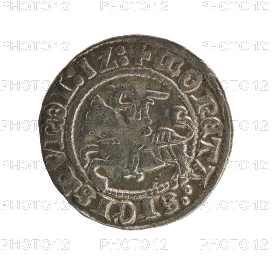 Lithuanian half-grosz, Sigismund I the Old (King of Poland; 1506–1548), Jagiellon dynasty. Obverse: Pursuer (coat of arms of Lithuania) turned left; rim inscription between pearl borders: + COIN:SIGISMVNDI:1Z:. Reverse: crowned Polish Eagle; rim inscription between pearl borders: + MAGNI:DVCIS:LITVANIE. Dated 1512. Grand Duchy of Lithuania, Vilnius. Coin; diameter 19.4–19.7 mm; weight 1.25 g.