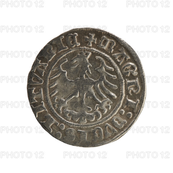 Lithuanian half-grosz, Sigismund I the Old (King of Poland; 1506–1548), Jagiellon dynasty. Obverse: Pursuer (coat of arms of Lithuania) turned left; in the rim between pearl borders an inscription: + COIN:SIGISMVNDI:1Z:. Reverse: Polish crowned eagle; in the rim between pearly borders an inscription: + MAGNI:DVCIS:LITVANIE. Dated 1512. Grand Duchy of Lithuania, Vilnius. Coin; diameter 19.4–19.7 mm, weight 1.25 g.