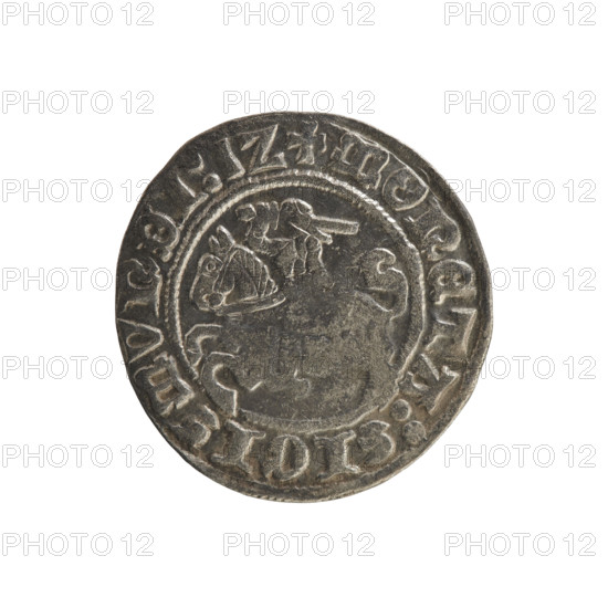 Lithuanian half-grosz, Sigismund I the Old (King of Poland; 1506–1548), Jagiellon dynasty. Obverse: Pursuer (coat of arms of Lithuania) turned left; in the rim between pearl borders an inscription: + COIN:SIGISMVNDI:1Z. Reverse: Polish crowned eagle; in the rim between pearl borders an inscription: + MAGNI:DVCIS:LITVANIE:. Dated 1512. Grand Duchy of Lithuania, Vilnius. Coin. Diameter 19.3–20.4 mm; weight 1.25 g.