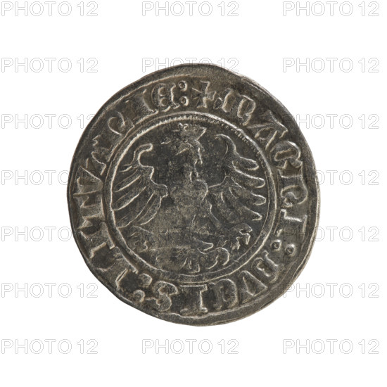Lithuanian half-grosz, Sigismund I the Old (King of Poland; 1506–1548), Jagiellon dynasty; Obverse: Pursuer turned left; in rim between pearl borders inscription '+ COIN:SIGISMVNDI:1Z'; Reverse: Polish eagle with crown; in rim between pearly borders inscription '+ MAGNI:DVCIS:LITVANIE:'; 1512; Grand Duchy of Lithuania, Vilnius; coin; material: struck metal; diameter 19.3–20.4 mm; weight 1.25 g; coat of arms: Eagle (Poland) and Pursuer (Lithuania).
