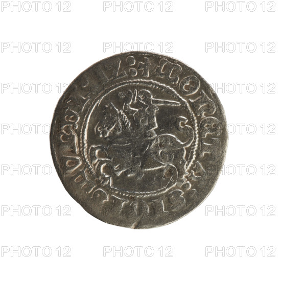 Lithuanian half-grosz, Sigismund I the Old (King of Poland; 1506–1548), Jagiellon dynasty. Obverse: Pursuer turned left; in the rim between pearl borders an inscription: + COIN:SIGISMVNDI:1Z:. Reverse: Polish eagle with a crown; in the rim between pearly borders an inscription: + MAGNI:, IS:LITVANIE:, 1512. Grand Duchy of Lithuania, Vilnius. Coin; silver; diameter ca. 19.6–19.8 mm; weight 1.10 g.