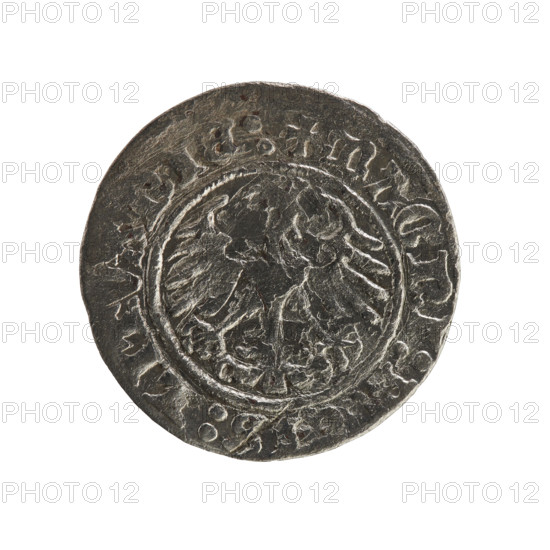 Lithuanian half-grosz, Sigismund I the Old (King of Poland; 1506–1548), Jagiellon dynasty. Obverse: Pursuer (coat of arms of Lithuania) turned left; in the rim between pearl borders an inscription: + COIN:SIGISMVNDI:1Z:. Reverse: Polish eagle with crown; in the rim between pearl borders an inscription: + MAGNI:, IS:LITVANIE:, 1512. Grand Duchy of Lithuania, Vilnius. Coin; diameter ~19.6–19.8 mm; weight 1.10 g.