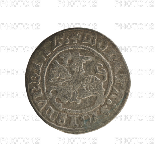 Lithuanian half-grosz, Sigismund I the Old (king of Poland; 1506–1548). Obverse: Pogon (mounted knight) turned left; in the rim between pearl borders an inscription: + COIN:SIGISMVNDI. Reverse: Polish crowned eagle; in the rim between pearly borders an inscription: + MAGNI, DVCIS:LITVANIE:. Date: 1512. Place: Grand Duchy of Lithuania, Vilnius. Material: coin. Diameter: 19.5–20.1 mm. Weight: 1.14 g. Style/era: Jagiellonian dynasty; coats of arms (eagles, Pogon). Rarity: R8.