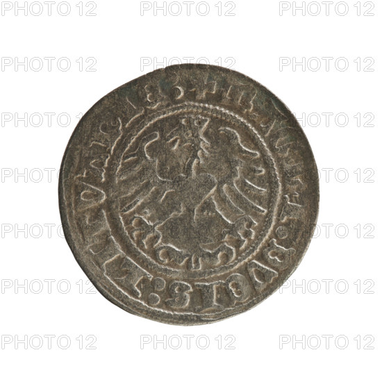 Lithuanian half-grosz, Sigismund I the Old (king of Poland; 1506–1548). Obverse: Pogon (mounted knight) turned left; in the rim between pearl borders an inscription: + COIN:SIGISMVNDI. Reverse: Polish crowned eagle; in the rim between pearly borders an inscription: + MAGNI, DVCIS:LITVANIE:. 1512. Grand Duchy of Lithuania, Vilnius. Coin. Diameter 19.5–20.1 mm, weight 1.14 g. Jagiellonian dynasty; eagles and coats of arms. R8 (rarity).