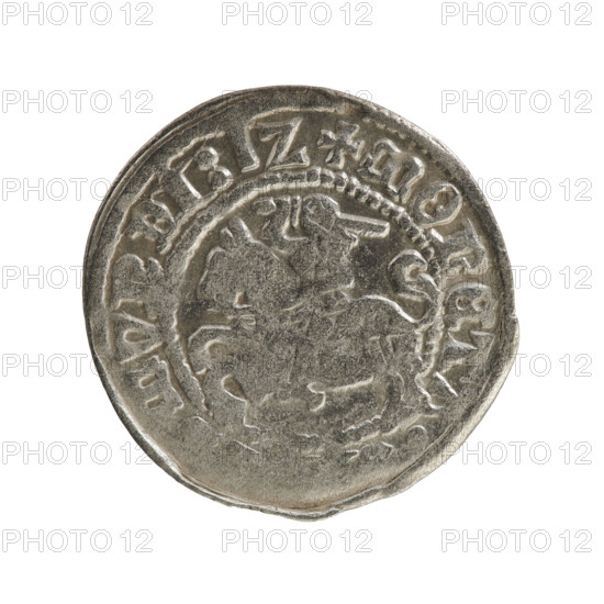 Lithuanian half-grosz, Sigismund I the Old (King of Poland; 1506–1548), Jagiellon dynasty. Obverse: Pursuer (coat of arms of Lithuania) turned left; in the rim between pearl borders an inscription: + COIN, MVNDI:1Z. Reverse: Polish crowned eagle; in the rim between pearl borders an inscription: + MA, I:DVCIS:LITVANIE, 1512. Grand Duchy of Lithuania. Coin. Diameter 19.8–20.5 mm; weight 1.05 g.