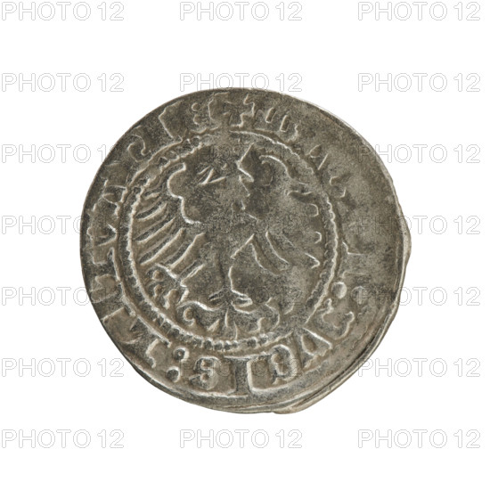 Lithuanian half-grosz, Sigismund I the Old (King of Poland; 1506–1548), Jagiellon dynasty. Obverse: Pursuer (coat of arms of Lithuania) turned left; in the rim between pearl borders an inscription: + COIN, MVNDI:1Z. Reverse: Polish crowned eagle; in the rim between pearl borders an inscription: + MA, I:DVCIS:LITVANIE, 1512. Grand Duchy of Lithuania, Vilnius. Coin; diameter 19.8–20.5 mm; weight 1.05 g.