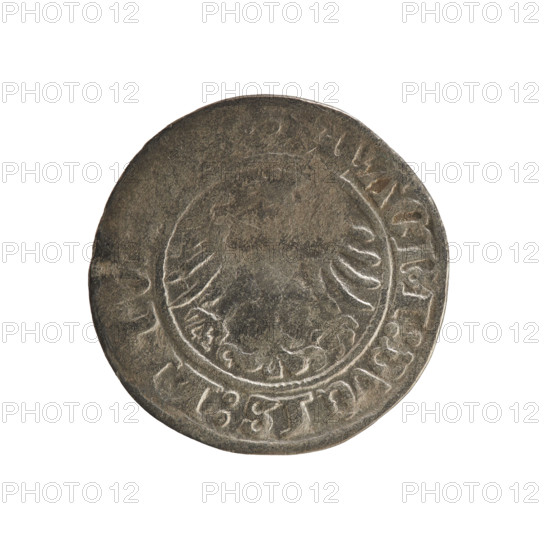 Lithuanian half-grosz, Sigismund I the Old (king of Poland; 1506–1548). R8 (rarity). Jagiellonians (dynasty). Obverse: Chaser (coat of arms of Lithuania) turned left; in the rim between pearl borders an inscription: + MONETA, SI, V, DI:1Z:. Reverse: Polish eagle with a crown; in the rim between pearly borders an inscription: MAGNI:DVCIS:LIT, 1512. Grand Duchy of Lithuania, Vilnius. Coin. Diameter 19.7–20.0 mm; weight 1.03 g.