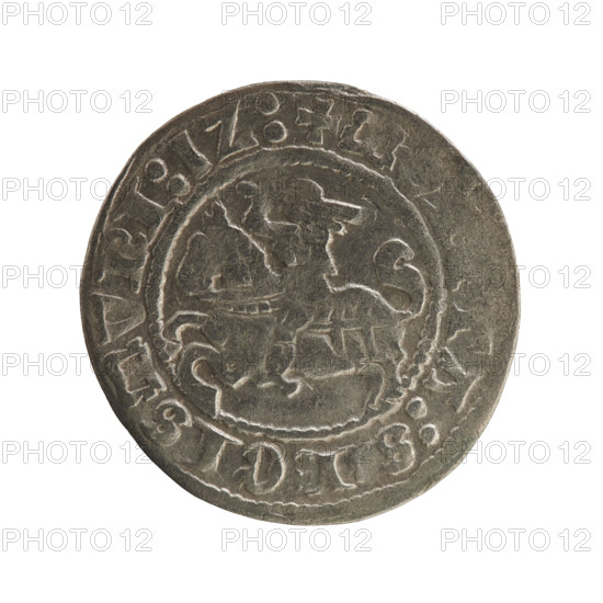 Lithuanian half-grosz, Sigismund I the Old (King of Poland; 1506–1548), Jagiellon dynasty. Obverse: Pursuer (coat of arms of Lithuania) turned left; in the rim between pearl borders an inscription: +, TA:S, GISMVNI:1Z:. Reverse: Polish crowned eagle; in the rim between pearly borders an inscription: + MAGNI:DVCIS:LI, IE:, 1512. Grand Duchy of Lithuania, Vilnius. Coin. Diameter 19.6–20.1 mm; weight 1.08 g.