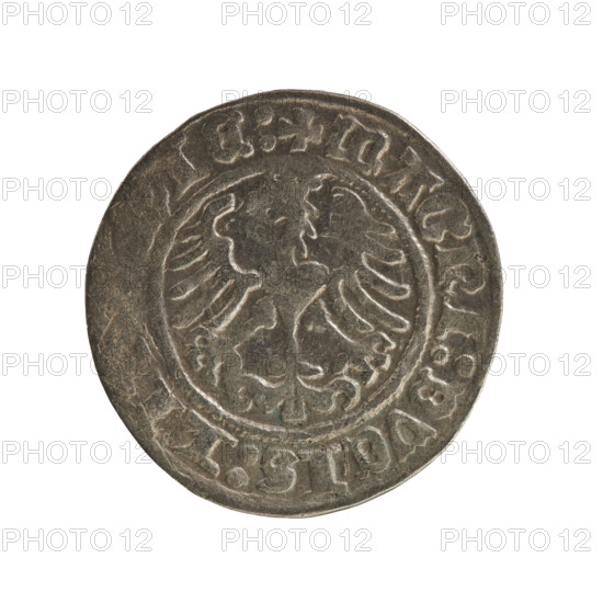 Lithuanian half-grosz, Sigismund I the Old (King of Poland; 1506–1548), Jagiellon dynasty. Obverse: Pursuer (coat of arms of Lithuania) turned left; in rim between pearl borders an inscription: +, TA:S, GISMVNI:1Z:. Reverse: Polish eagle with crown; in rim between pearly borders an inscription: + MAGNI:DVCIS:LI, IE:, 1512. Grand Duchy of Lithuania, Vilnius. Coin; diameter 19.6–20.1 mm; weight 1.08 g.