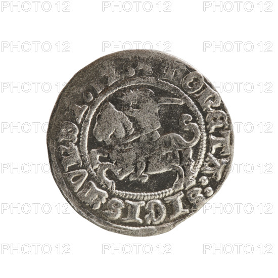 Lithuanian half-grosz, Sigismund I the Old (king of Poland; 1506–1548), Jagiellon dynasty. Obverse: Pogon (Lithuanian coat of arms) turned left; in the rim between pearl borders an inscription: ONETA:SIGISMVNDI. Reverse: Polish crowned eagle; in the rim between pearly borders an inscription: + MAGNI:DVC, ITVANIE, 1512. Grand Duchy of Lithuania, Vilnius. Coin; diameter 19.4–19.9 mm, weight 1.23 g.