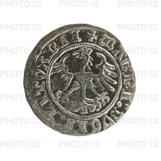 Lithuanian half-grosz, Sigismund I the Old (king of Poland; 1506–1548), Jagiellon dynasty; obverse: Pogon (Lithuanian coat of arms) turned left, in the rim between pearl borders an inscription ONETA:SIGISMVNDI; reverse: crowned Polish Eagle, in the rim between pearl borders an inscription + MAGNI:DVC:ITVANIE; dated 1512; Grand Duchy of Lithuania, Vilnius; coin; diameter ~19.4–19.9 mm; weight 1.23 g.