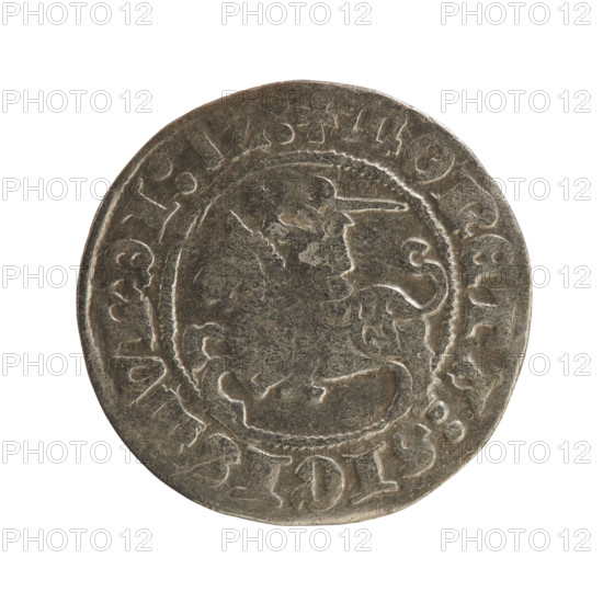 Half-grosz (coin), Sigismund I the Old (king of Poland, 1506–1548), Jagiellon dynasty; dated 1512. Obverse: Pogon (Lithuanian coat of arms) turned left; legend in rim between pearl borders: + COIN:SIGI, MVNDI:1Z:. Reverse: crowned Polish eagle; legend in rim between pearl borders: + MAGNI:DVCIS:LITVANIE:. Material: coin. Diameter: 19.5–20.0 mm. Weight: 1.15 g.