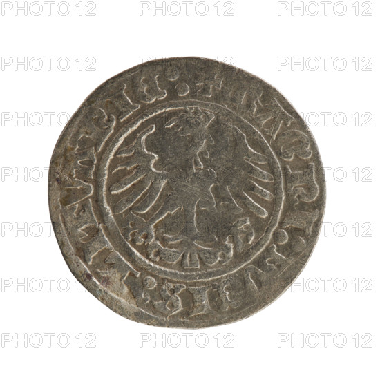 Lithuanian half-grosz, Sigismund I the Old (king of Poland, 1506–1548); Jagiellon dynasty. Obverse: Pogon (Lithuanian coat of arms) turned left; in the rim between pearl borders an inscription '+ COIN:SIGI, MVNDI:1Z:'. Reverse: Polish crowned eagle; in the rim between pearly borders an inscription '+ MAGNI:DVCIS:LITVANIE:'. Dated 1512. Grand Duchy of Lithuania, Vilnius. Silver coin (half-grosz). Diameter 19.5–20.0 mm; weight 1.15 g.