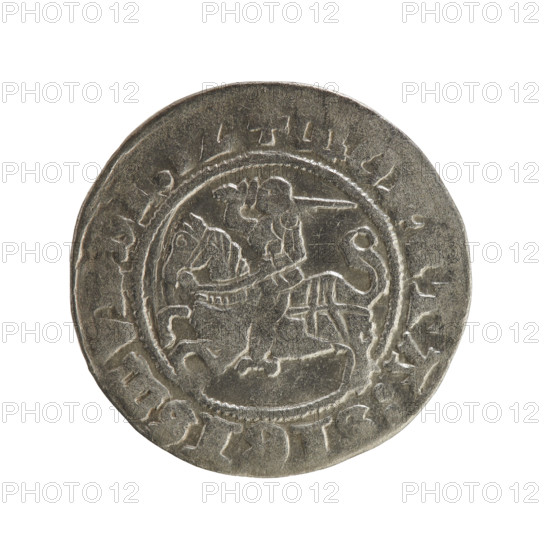 Lithuanian half-grosz, Sigismund I the Old (King of Poland; 1506–1548), Jagiellon dynasty. Obverse: Pursuer (coat of arms of Lithuania) turned left; in the rim between pearl borders an inscription: + MO, TA:SIGISMV, D, Z. Reverse: Polish eagle with crown; in the rim between the pearl borders an inscription: I:DV, S:LITVA, 1512. Grand Duchy of Lithuania, Vilnius. Coin; silver; diameter ~19.4–19.6 mm; weight 1.28 g.