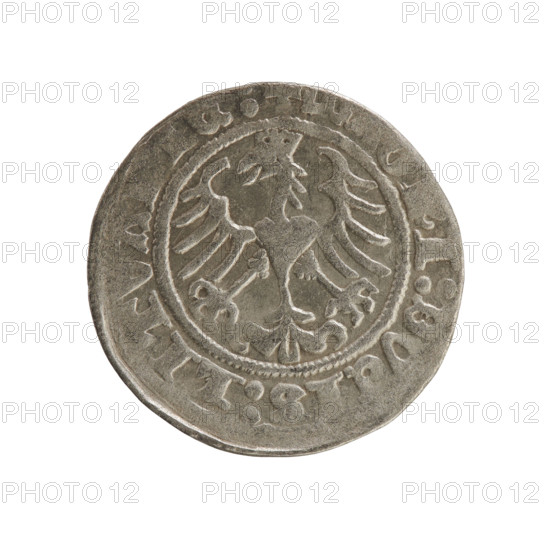 Lithuanian half-grosz, Sigismund I the Old (King of Poland; 1506–1548), Jagiellon dynasty. Silver coin (half-grosz) featuring coats of arms: Obverse — Pursuer (Pogonia) turned left; in the rim between pearl borders an inscription: + MO, TA:SIGISMV, D, Z. Reverse — Polish crowned eagle; in the rim between the pearl borders an inscription: I:DV, S:LITVA, 1512. Grand Duchy of Lithuania, Vilnius. Diameter 19.4–19.6 mm, weight 1.28 g.