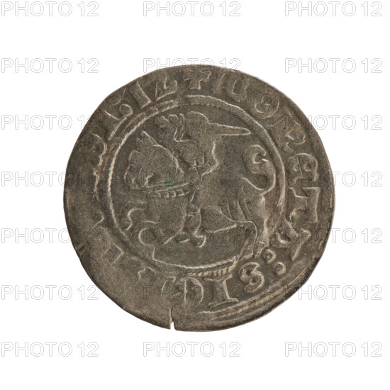 Lithuanian half-grosz, Sigismund I the Old (King of Poland; 1506–1548), Jagiellon dynasty. Obverse: Pursuer (Pogon) turned left; in the rim between pearl borders an inscription: + COIN:SIG, I:1Z. Reverse: Polish eagle with a crown; in the rim between pearl borders an inscription: + MA, I:DVC, VANIE:, 1512. Grand Duchy of Lithuania, Vilnius. Coin; diameter 19.8–20.0 mm, weight 1.10 g.