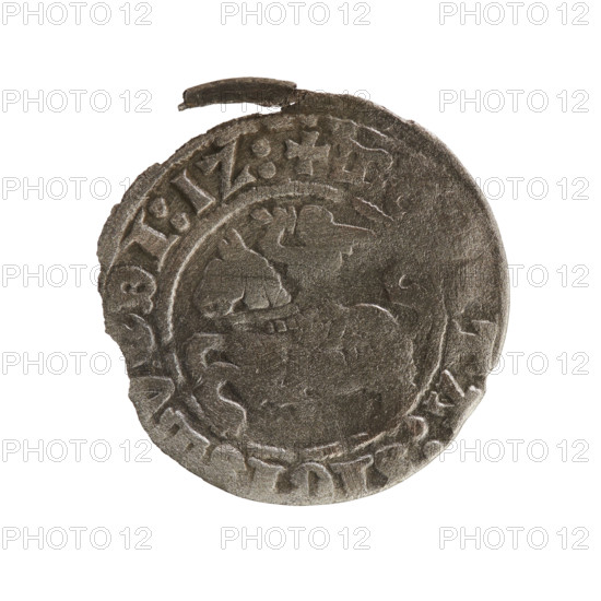 Lithuanian half-grosz, Sigismund I the Old (King of Poland; 1506–1548), Jagiellon dynasty. Obverse: Pursuer (coat of arms of Lithuania) turned left; in the rim between pearl borders an inscription: + MTA:, MV, DI:1Z:. Reverse: Polish eagle with crown; in the rim between pearl borders an inscription: GNI:DVCIS, LITVA, 1512. Grand Duchy of Lithuania, Vilnius. Coin (metal), diameter 19.0–20.0 mm, weight 0.96 g.