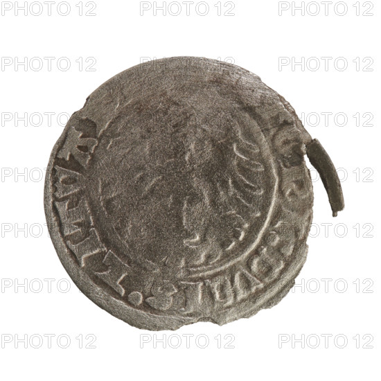 Lithuanian half-grosz, Sigismund I the Old (King of Poland; reign 1506–1548), Jagiellon dynasty. Obverse: Pursuer (coat of arms of Lithuania) turned left; in the rim between pearl borders an inscription: + MTA:, MV, DI:1Z:. Reverse: Polish Eagle with a crown; in the rim between pearl borders an inscription: GNI:DVCIS, LITVA, 1512. Material: coin; diameter 19.0–20.0 mm; weight 0.96 g.
