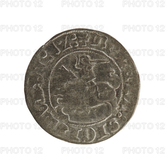 Lithuanian half-grosz, Sigismund I the Old (king of Poland; 1506–1548). Obverse: Chaser turned left; in the rim between pearl borders an inscription: + M, A:SIG, I:1Z:. Reverse: Polish eagle with a crown; in the rim between pearly borders an inscription: + MA, IS:LITVANIE:, 1512. Jagiellonians (dynasty). Coats of arms: eagles; Eagle (coat of arms); Chaser (coat of arms; Lithuania). Grand Duchy of Lithuania, Vilnius, Poland. Coin, diameter 19.3–19.6 mm, weight 1.19 g. R8 (rarity).