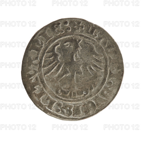 Lithuanian half-grosz, Sigismund I the Old (king of Poland; 1506–1548). Obverse: Chaser turned left; in the rim between pearl borders an inscription: + M, A:SIG, I:1Z:. Reverse: Polish eagle with a crown; in the rim between pearly borders an inscription: + MA, IS:LITVANIE:, 1512. Jagiellonian dynasty; coats of arms: eagles and Chaser (Lithuania). Grand Duchy of Lithuania, Vilnius, Poland. Coin; diameter 19.3–19.6 mm; weight 1.19 g; R8 (rarity).