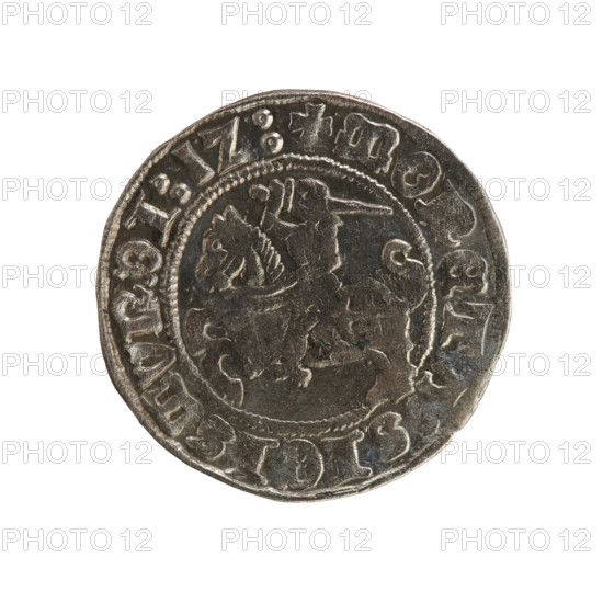 Lithuanian half-grosz, Sigismund I the Old (King of Poland, 1506–1548), Jagiellon dynasty. Obverse: Pursuer (coat of arms of Lithuania) turned left; in the rim between pearl borders an inscription: + MONETARY, SIGISMVNDI:1Z:. Reverse: Polish crowned eagle; in the rim between pearly borders an inscription: + MAGNI:DVCIS:LITVANIE. Date: 1512. Grand Duchy of Lithuania, Vilnius. Coin; diameter 19.6–20.0 mm, weight 1.15 g.
