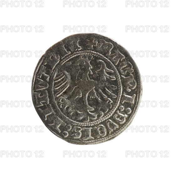 Lithuanian half-grosz, Sigismund I the Old (King of Poland; 1506–1548), Jagiellon dynasty. Obverse: Pursuer (coat of arms of Lithuania) turned left; in the rim between pearl borders an inscription: + MONETARY, SIGISMVNDI:1Z:. Reverse: Polish crowned eagle; in the rim between pearl borders an inscription: + MAGNI:DVCIS:LITVANIE. Date: 1512. Grand Duchy of Lithuania, Vilnius. Coin (silver), diameter 19.6–20.0 mm, weight 1.15 g.
