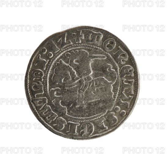 Lithuanian half-grosz, Sigismund I the Old (king of Poland; 1506–1548). Obverse: Pogon (mounted knight) turned to the left; in the rim between pearl borders an inscription: + COIN:SIGISMVNDI:1Z. Reverse: Polish crowned eagle; in the rim between pearl borders an inscription: + MAGNI:DVCIS:LITVANIE. Date: 1512. Grand Duchy of Lithuania, Vilnius. Coin. Diameter 19.5–20.0 mm, weight 1.22 g.