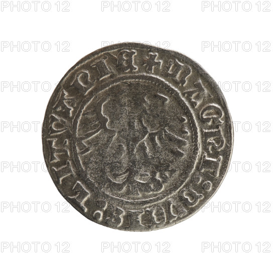 Lithuanian half-grosz of Sigismund I the Old (king of Poland; 1506–1548). Obverse: Pogon (Lithuanian coat of arms) turned to the left; in the rim between pearl borders an inscription: + COIN:SIGISMVNDI:1Z. Reverse: Polish crowned eagle; in the rim between pearl borders an inscription: + MAGNI:DVCIS:LITVANIE. Dated 1512. Grand Duchy of Lithuania, Vilnius. Coin. Diameter 19.5–20.0 mm, weight 1.22 g.
