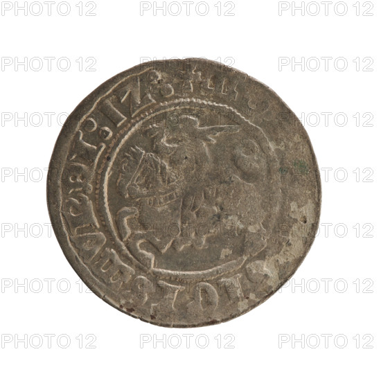 Lithuanian half-grosz, Sigismund I the Old (King of Poland; 1506–1548), Jagiellon dynasty. Obverse: Pursuer (coat of arms of Lithuania) turned left; in the rim between pearl borders an inscription: + M, IGISMVNDI:1Z:. Reverse: Polish crowned eagle; in the rim between pearl borders an inscription: + MAGNI:DV, ANIE:., dated 1512. Grand Duchy of Lithuania, Vilnius. Coin; diameter 19.7–19.8 mm, weight 1.15 g.