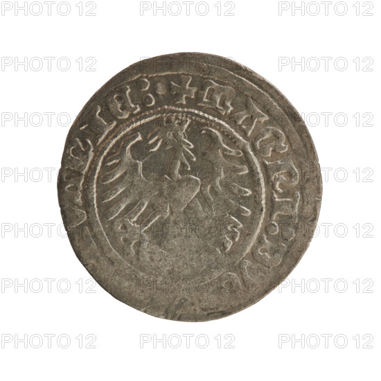 Lithuanian half-grosz, Sigismund I the Old (King of Poland; 1506–1548), Jagiellon dynasty. Obverse: Pursuer (coat of arms of Lithuania) turned left; in the rim between pearl borders an inscription: + M, IGISMVNDI:1Z:. Reverse: Polish eagle with a crown; in the rim between pearly borders an inscription: + MAGNI:DV, ANIE:., dated 1512. Grand Duchy of Lithuania, Vilnius. Coin; diameter ca. 19.7–19.8 mm; weight 1.15 g.
