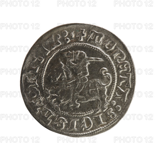 Lithuanian half-grosz, Sigismund I the Old (King of Poland; 1506–1548), Jagiellons dynasty. Obverse: Pursuer (coat of arms of Lithuania) turned left; in the rim between pearl borders an inscription: + COIN:SIGIS. Reverse: Polish eagle with a crown; in the rim between pearly borders an inscription: NI:DVCIS:LITVA. Date: 1512. Grand Duchy of Lithuania, Vilnius, Poland. Coin; diameter 20.0–20.4 mm; weight 1.20 g.