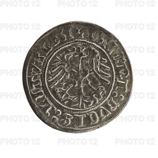 Lithuanian half-grosz, Sigismund I the Old (King of Poland; 1506–1548), Jagiellon dynasty. Obverse: Pursuer (coat of arms of Lithuania) turned left; in the rim between pearl borders an inscription: + COIN:SIGIS, 1Z:. Reverse: Polish crowned eagle with inscription in the rim between pearly borders: NI:DVCIS:LITVA. Dated 1512. Grand Duchy of Lithuania, Vilnius. Coin; diameter 20.0–20.4 mm, weight 1.20 g.