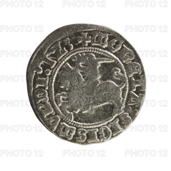 Lithuanian half-grosz, Sigismund I the Old (king of Poland; 1506–1548). R8 (rarity). Jagiellonians (dynasty). Obverse: Chase (coat of arms; Lithuania) turned left; in the rim between pearl borders an inscription: + COIN:SIGISMVNDI:1Z:. Reverse: Polish Eagle with a crown; in the rim between pearl borders an inscription: + MAGNI:DVCIS:LITVANIE. Date: 1512. Place: Grand Duchy of Lithuania, Vilnius, Poland. Coin; diameter 19.6–20.2 mm; weight 1.13 g.