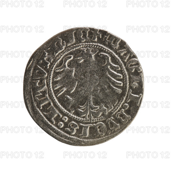 Lithuanian half-grosz, Sigismund I the Old (king of Poland; 1506–1548). Obverse: Chase (coat of arms; Lithuania) turned left; in the rim between pearl borders an inscription: + COIN:SIGISMVNDI:1Z:. Reverse: Polish Eagle with a crown; in the rim between pearl borders an inscription: + MAGNI:DVCIS:LITVANIE. 1512. Grand Duchy of Lithuania, Vilnius. Coin (dia. 19.6–20.2 mm), weight 1.13 g. R8 (rarity); Jagiellonians dynasty; coats of arms.