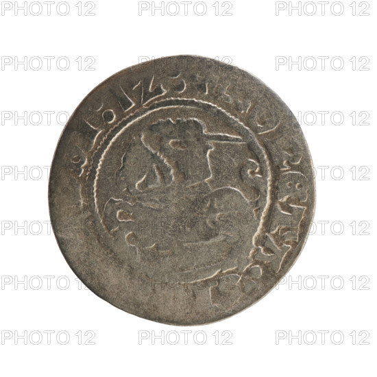 Lithuanian half-grosz, Sigismund I the Old (King of Poland; r. 1506–1548), Jagiellon dynasty. Obverse: Pursuer (coat of arms of Lithuania) turned left; in the rim between pearl borders an inscription: ONETA: I:1Z:. Reverse: Polish crowned eagle; in the rim between pearl borders an inscription: + DVCIS:LITVANIE, 1512. Grand Duchy of Lithuania, Vilnius. Coin; diameter 19.4–19.6 mm; weight 1.07 g.